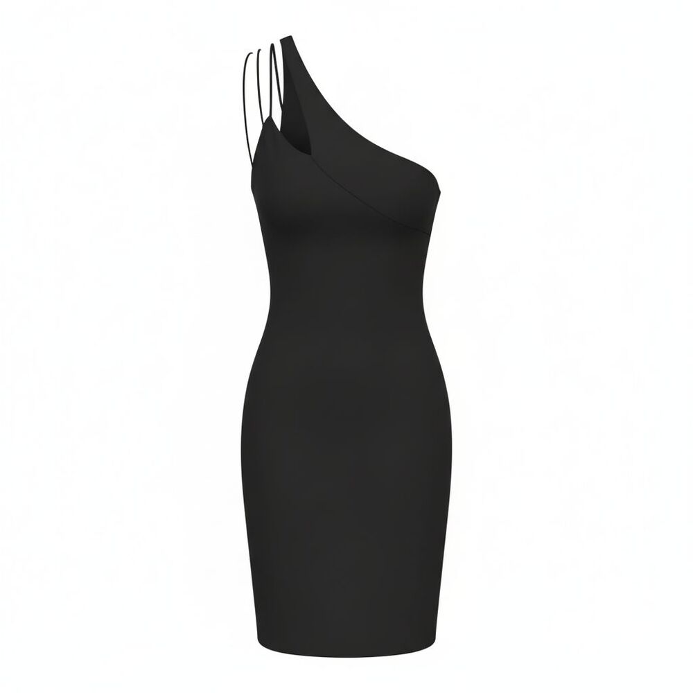 Black Satin One Shoulder Black Cocktail Long Below Knee Dress w Side Slit Size M